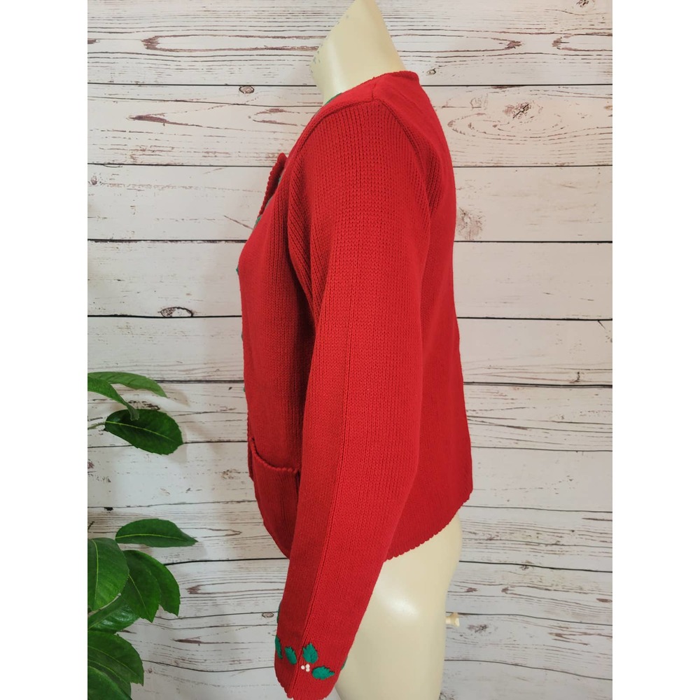 Red Embroidered Floral Long Sleeve Cardigan Sweater Women's Size Medium - Picture 5 of 8